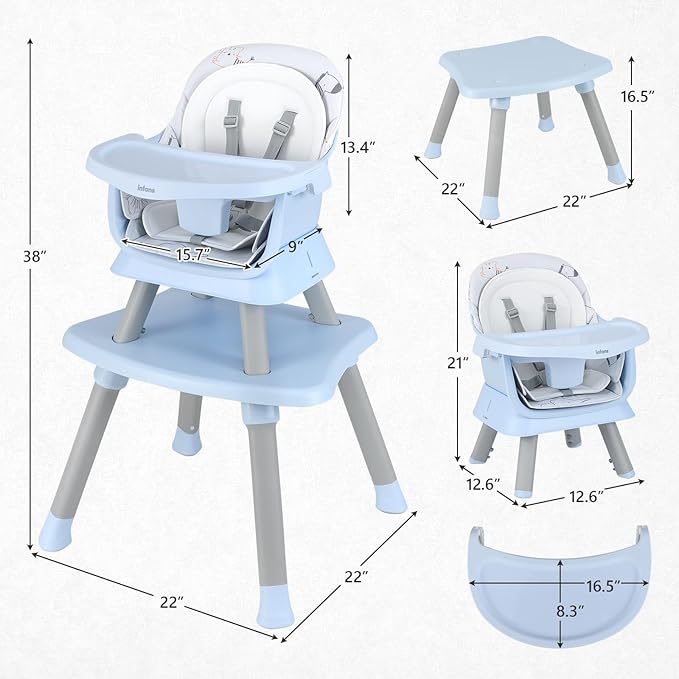 INFANS 8 in 1 Baby High Chair, Convertible Highchair for Babies and Toddlers, Infant Dining Booster Seat, Building Block Table, Kids Stool Table Chair Set with Removable Tray (8 in 1, Blue)
