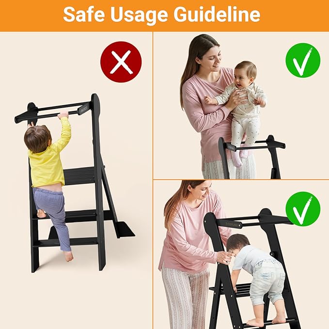 COSYLAND Foldable Toddler Kitchen Stool Helper - Height Adjustable Standing Tower for Bathroom Sink or Kitchen Counter - Step Stool for Toddlers Ages 18 Months to 6 Years Black