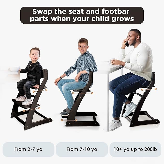 FORNEL Modern Black Wooden High Chair | The Adjustable Grow-with-Me Chair, A Sleek Alternative to Stokke | Perfect for Minimalist & Industrial Kitchens