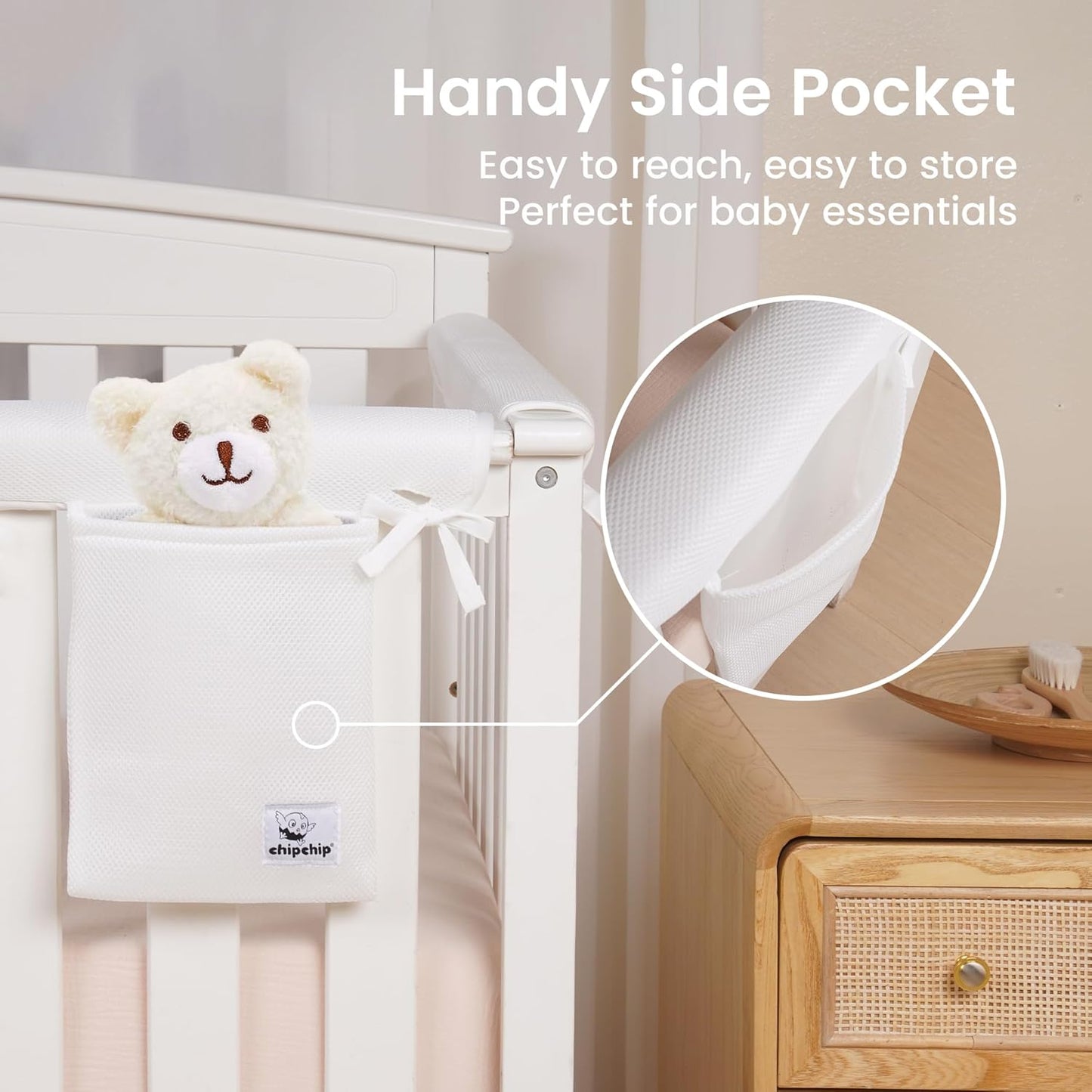 CHIPCHIP Baby Crib Rail Covers for Teething (3-Pack) – Breathable Dual-Layer Mesh Teething Guard with Storage Pocket, Fits Standard Full-Size Cribs (3pcs (01 Long Panel + 02 Short Panels))