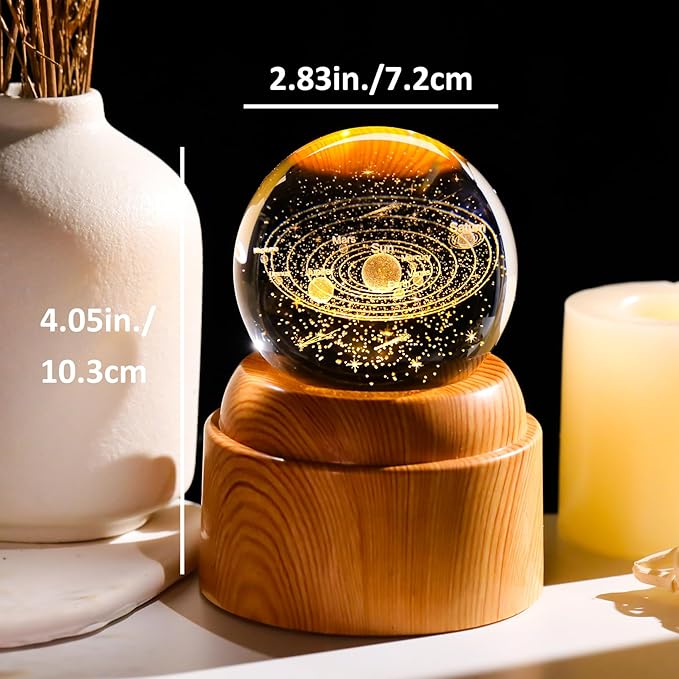 Ornalrist 3D Solar System 2.36“ Crystal Ball with Rotated Wood Bases, Space Decor Astronomy Gifts for Women Men Physics Enthusiasts Science Teacher Planet Lamp Universe Night Light
