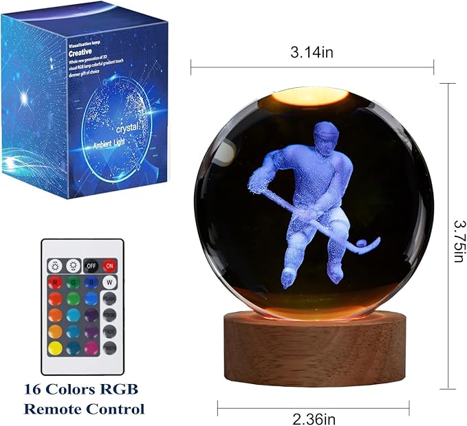Hockey Night Light, Ice Hockey Gifts, Hockey 3D Crystal Ball Night Light with Remote Upgraded 3.15 Inch Lamps with 16 Color for Birthday Xmas Cool Figurines Gifts for Room Decor Boys Girls