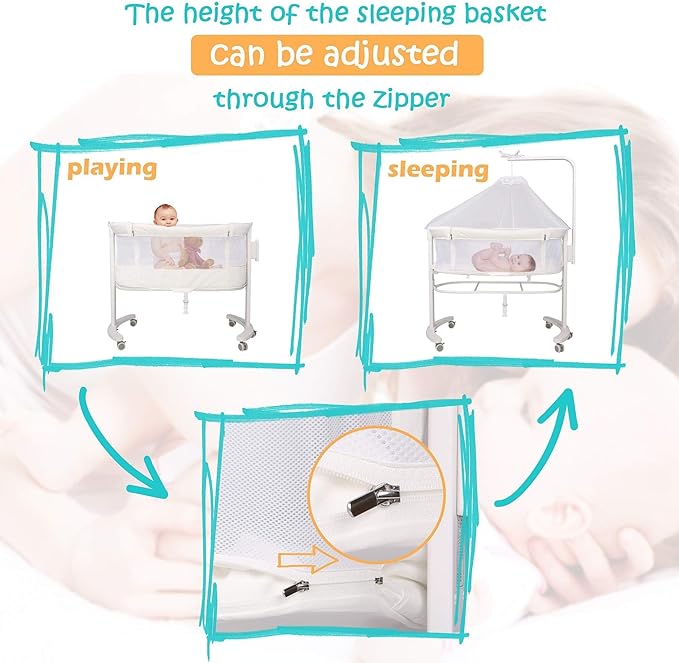 COLOR TREE Baby Bassinet Bedside Sleeper Bedside Crib with 6 Wheels, Mosquito Net, Comfy Mattress for Newborn Baby/Infant, Portable