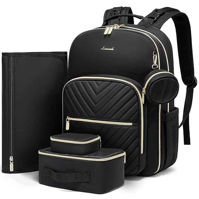 LOVEVOOK Diaper Bag Backpack with 2 Cubes, Quilted Baby Bag with Changing Pad & Pacifier Holder, Waterproof Travel Diaper Bags for Baby Boys Girls, Stylish and Large Capacity,5PCS Set, Black