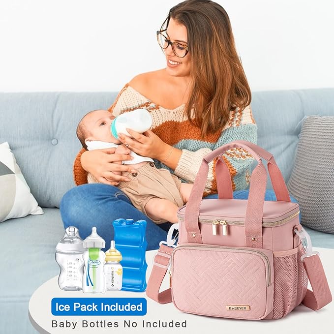 Breastmilk Cooler Bag with Ice Pack Fits 6 Baby Bottles up to 9 Ounce, Breast Milk Pump Cooler Bag for Nursing Mom Daycare, Work, Travel-Pink