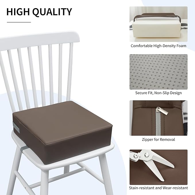 Toddler Booster Seat for Dining Table, Two Elastic Seat Belts, Anti-Scratch PU Skin-Friendly, Waterproof, Anti-Wrinkle, Detachable Non-Slip Bottom - Dark Brown