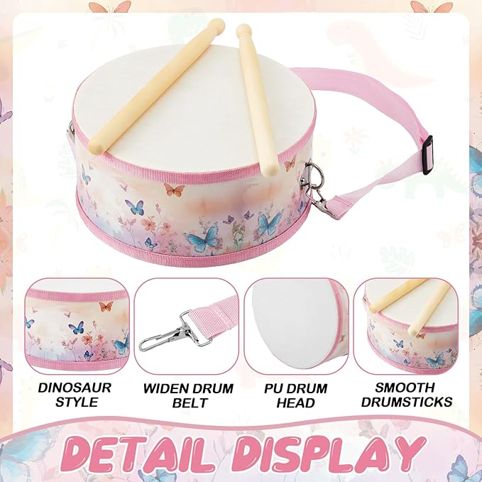 Boao 1 PC Kids Drum Set, 8 Inch Toddler Drum Wooden Toy with Adjustable Strap and 2 Drumsticks, Educational Sensory Musical Instrument for Toddlers Kid Baby Boys Girls Gift(Butterfly)