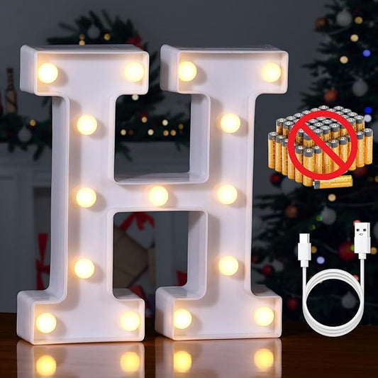 Foaky Rechargeable LED Letter Lights Sign Marquee Light Up Letters Sign for Night Light Wedding/Birthday Party Christmas Lamp Home Bar Decoration (H)