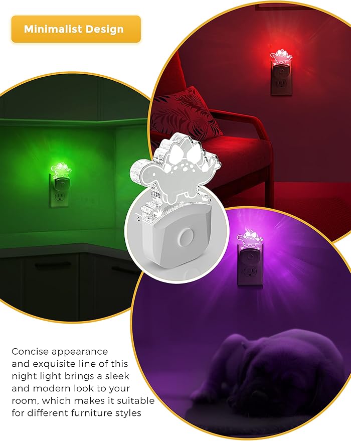 LOHAS Dinosaur Night Light for Boys, Kids Nightlight Plug in, Dusk-to-Dawn, Stegosaurus LED Night Lights Plug into Wall, RGB+Soft White 3000K, 3 Lighting Modes, Ideal for Nursery, Room Decor