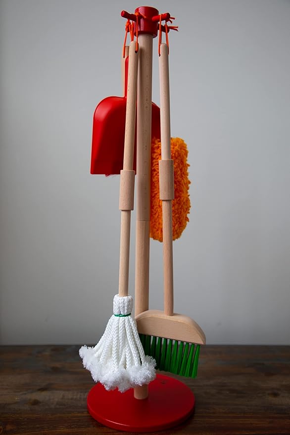 JustForKids Wooden Detachable Kids Cleaning Set - Duster, Brush, Mop, Broom and Hanging Stand Play - Housekeeping Kit - STEM Toys for Toddlers Girls & Boys, Total 6 Pieces,Multi Color,10071