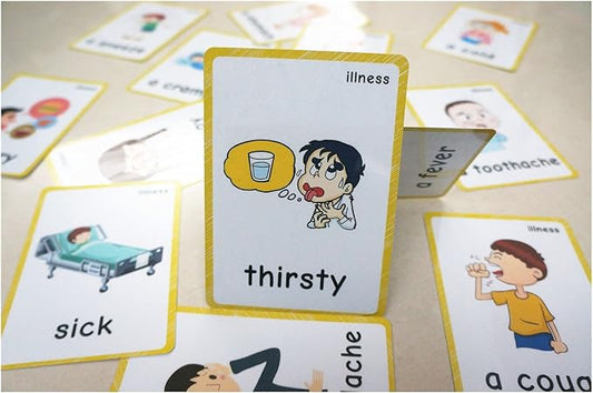 SANTSUN 14 Illness & Disease Expression English Flash Cards, Study Cards (4.72 x 3.54 Inch) with 1 Ring, Pocket Laminated Flashcards for Ages Pre-K & K