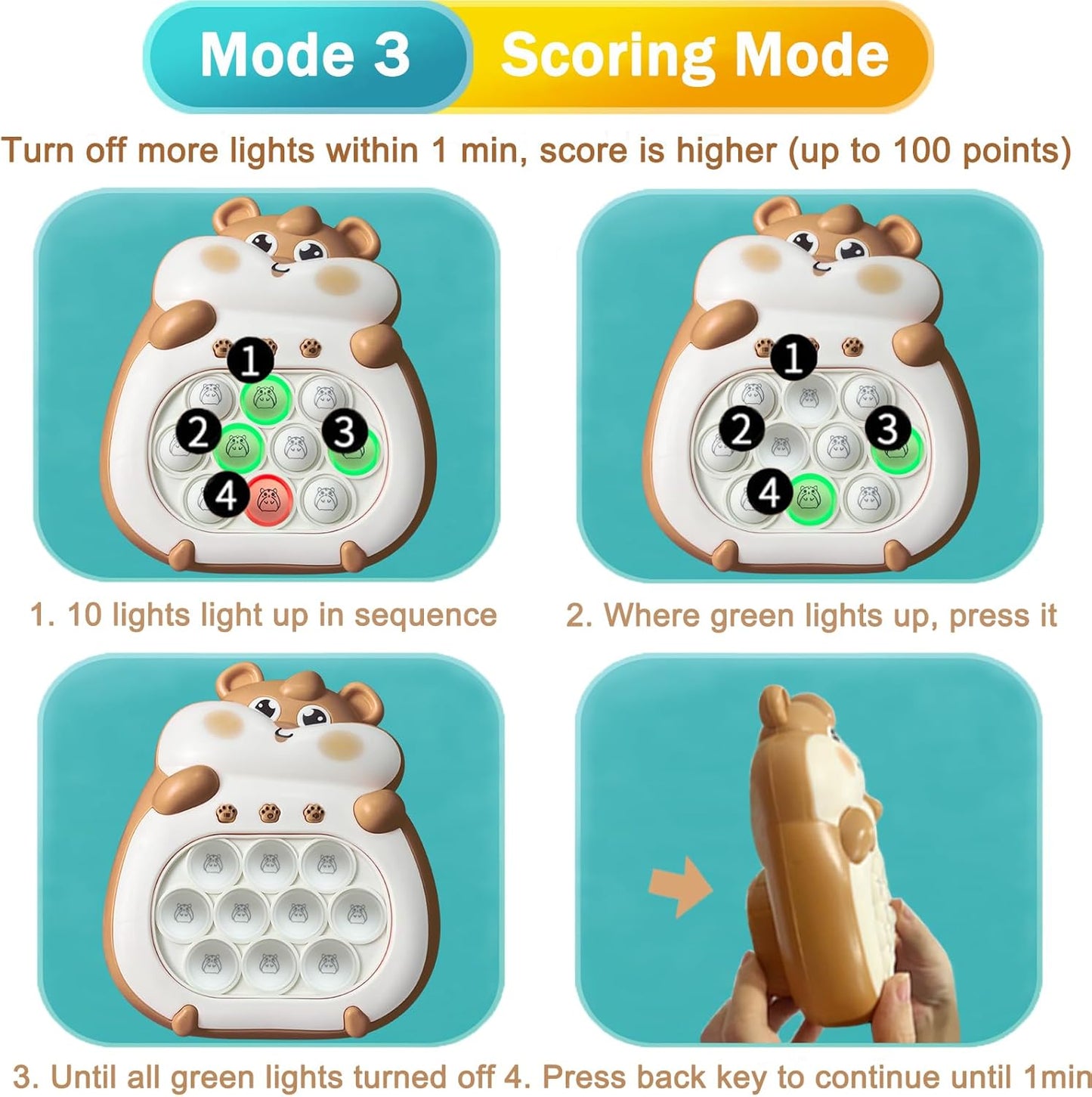 Pop Quick Push Game Light Up Fidget Toys Handheld Puzzle Press Popping Game Console for Kids Ages 3+ Adult Brown Hamster