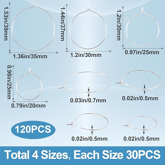 Pndeyo 120pcs Hypoallergenic Earring Beading Hoops, 20mm 25mm 30mm 35mm Round Hoop Earrings Findings, Open Earring Wire Ring Accessories for Jewelry Making- Silver