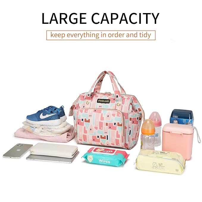 Pink Small Diaper Bag Backpack Diaper Tote Bag Printed, Waterproof Multi-Function Mini Tote Maternity Bags Travel Backpacks with Insulated Pockets, Pink