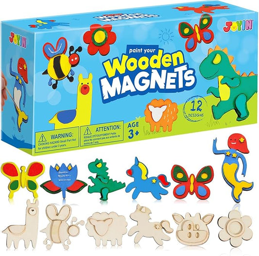 JOYIN 12 Wooden Magnet Creativity Arts & Crafts Painting Kit for Kids, Decorate Your Own Painting Gift for Easter Basket Stuffers, Birthday Parties and Family Crafts, Party Favors for Boys Girls