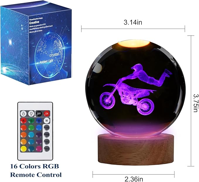 Dirtbike Night Light, Dirtbike Gifts, 3D Crystal Ball Dirtbike Lamp with Remote Upgraded 3.15 Inch with 16 Color for Birthday Xmas Cool Figurines Motorbike Gifts for Room Decor Boys Girls