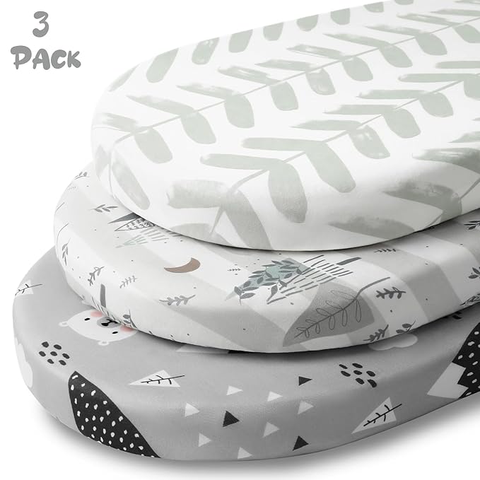 Yoofoss Bassinet Sheets for Baby,3-Pack Fitted Bassinet Sheets Set Compatible with Halo Bassinest Swivel Sleeper,Baby Delight,Angelbliss,Soft Breathable Bassinet Mattress Sheets(Grey+Bear)