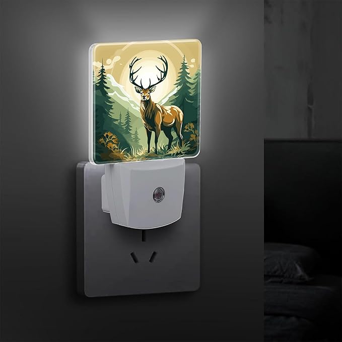 Deer in Forest Plug in Night Light with Auto Dusk to Dawn Sensor,Warm Night Lights for Boys Girls Bedroom Bathroom Hallway Kids Room Gifts