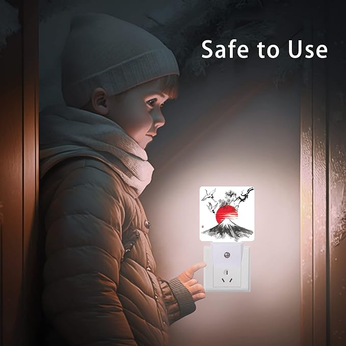 Mountain Fuji Night Light,Sun and Storks Japanese Landscape Night Lights Plug into Wall Led Night for Boys Girls Gifts, Dusk to Dawn Sensor Nightlight 0.5W Sleep Friendly