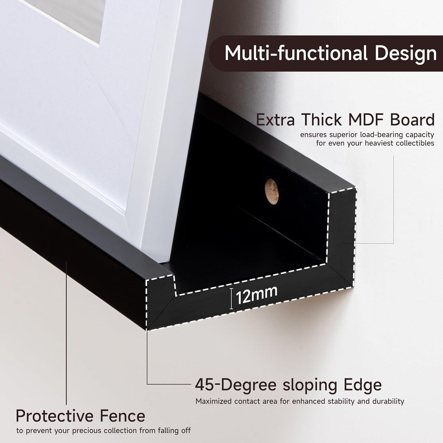 Floating Picture Ledge Shelves for Wall Set of 2, 84 Inches Picture Ledge Shelf with Long Large Nursery Book Shelf for Toys Storage Kids Bookshelf Wall Mounted Living Room Bedroom Decor Frames, Black