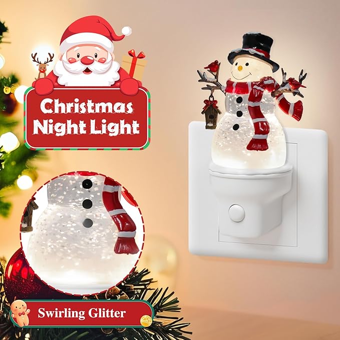 Christmas Snowman Night Light Plug into Wall Glitter Water Nightlight with USB/Outlet Options, Christmas Decorative Nightlight for Bedroom Kitchen Nursery Holiday Decorations Gifts (Snowman)