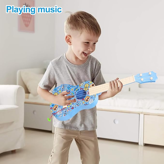 LeeQee 21in Colorful Graffiti Ukulele Guitar for Kids, 4 Strings Kids Guitar Ukulele Musical Instruments Learning Educational Toys with Picks for 3 4 5 6 7 8 9 10 11 12 Toddler Boys Girls (Blue)