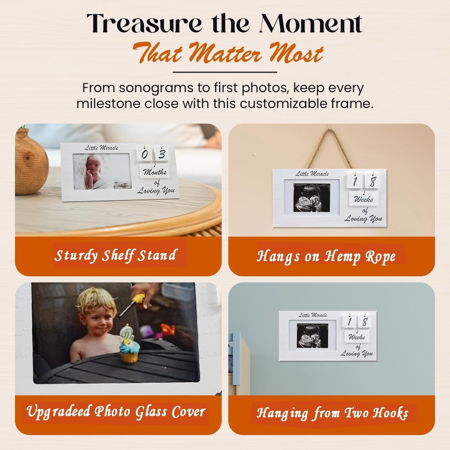 White Ultrasound Sonogram Picture Frame with Milestone Tracker – Elegant Wooden Keepsake for Expecting Parents – Nursery Décor Gift for New Moms – Countdown Tiles Included – 12" x 6" Design