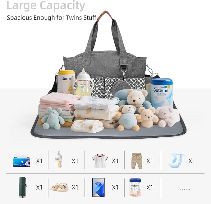 Diaper Bag Tote, Large Capacity Travel Diaper Baby Bags Crossbody Hospital Mom Bag，with Silicone Pacifier Case