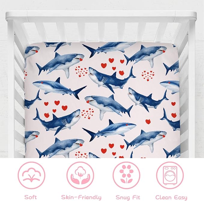 Sea Shark Love Baby Crib Sheets 52''x28'' Ocean Animals Hearts Fitted Crib Mattress Cover for Boy Girl Nursery Baby Bed Sheets for Standard Crib and Toddler Mattresses
