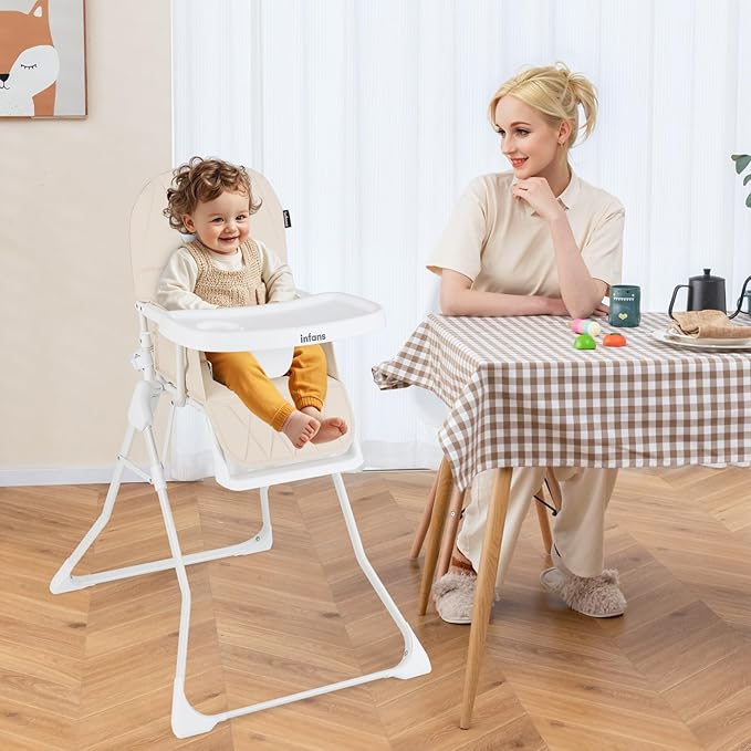INFANS Baby High Chair, Quick Folding Portable Highchair for Babies and Toddlers with Adjustable Footrest Removable Dishwasher Tray PU Seat, Compact Highchairs for Baby Age 6-36 Months (Beige)
