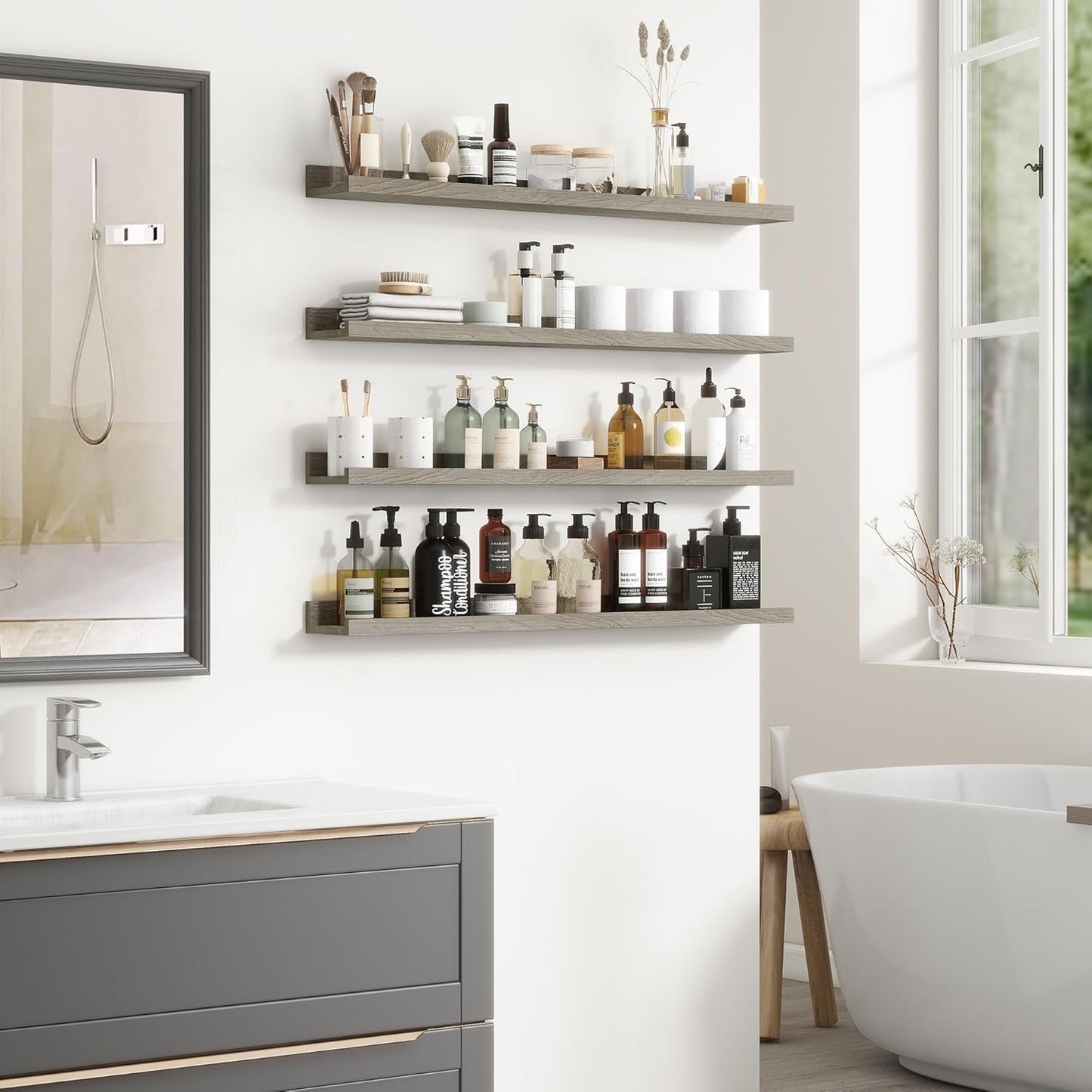 Fun Memories Picture Ledge Shelf, 36 Inch Floating Shelves for Wall, Nursery Bookshelf for Storage, Rustic Elm Wood Photo Ledge Shelves for Bedroom, Living Room, Kitchen (Grey, 36in Set of 2)