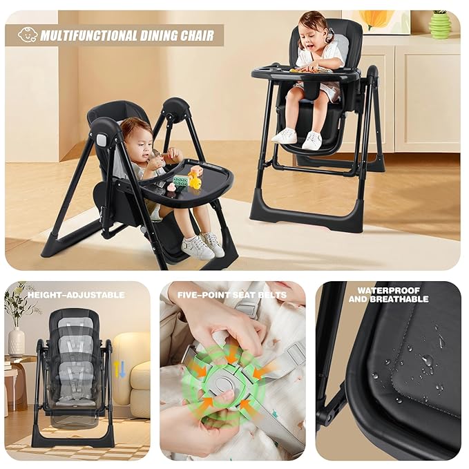 High Chairs for Babies and Toddlers Foldable High Chair Adjustable with Reclining Seat & Leg Rest, 3-in-1 Convertible Baby Swings with Tool-Free Assembly (Black)