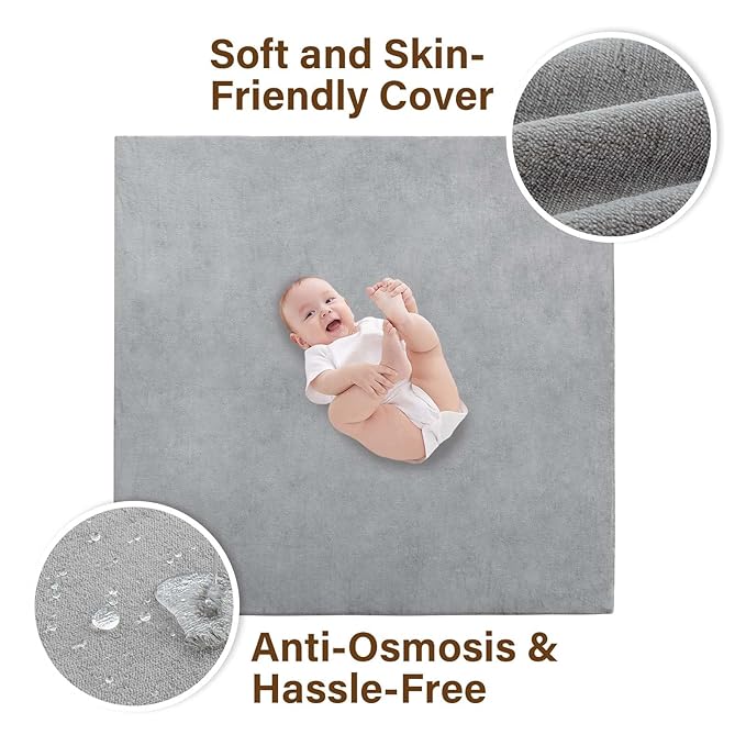 Baby Play Mat for Floor,1.3" Thick Soft Foam Playpen Mat with Removable Washable Cover,Waterproof & Anti-Slip 50" x 50" Nursery Rug for Tummy Time,Kids Crawling Mat for Toddlers Infant,Grey