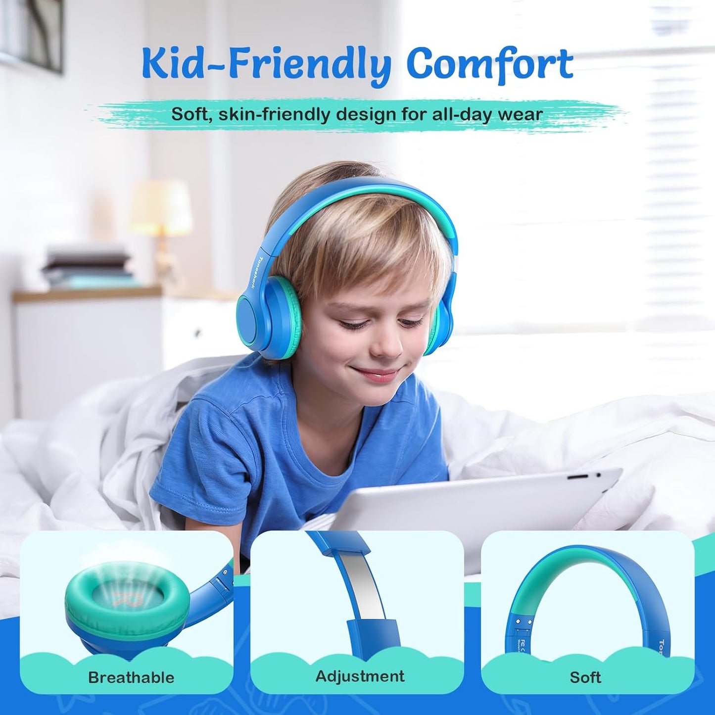 Active Noise Cancelling Headphones for Kids, 60H Playtime, Wireless Bluetooth Over-Ear Blue Headset Built-in Microphone for Home/School/Travel/Party - Includes Portable Case