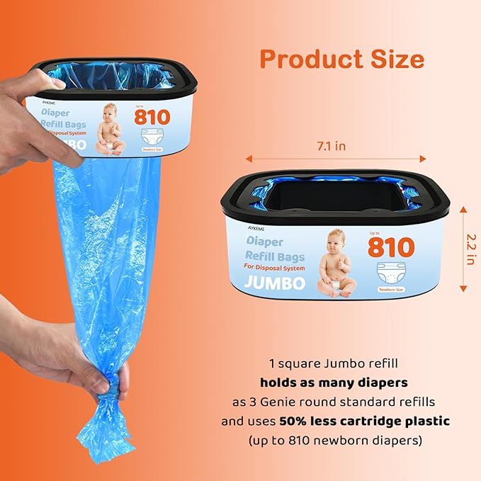 Jumbo Square Refills Disposal Bags Compatible with Diaper Genie Compact & Select Pails (Not Fit Classic),Hold Up to 810 Newborn-Sized Diapers Per Refill(3 Pack)