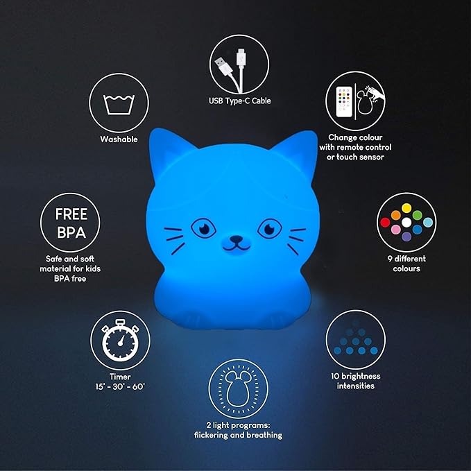 Cat Night Lights Children's Room Lighting, Toddler Bedroom Sleep Lights Bedside lamp - 9 Colors Lamps Room Decor for Toddlers/Boys/Girls/Adults/Bedroom/Bathroom/Outdoor/Camping - Medium