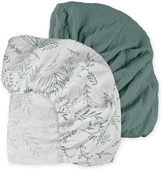 Muslin Mini Crib Sheets, 2 Pack for Baby Boy and Girl, Soft Breathable Stretchy Baby Pack N Play Mattress and Mini Cribs Sheet, Universal Fitted Portable/Mini Crib Mattresses (Natural Leaves)