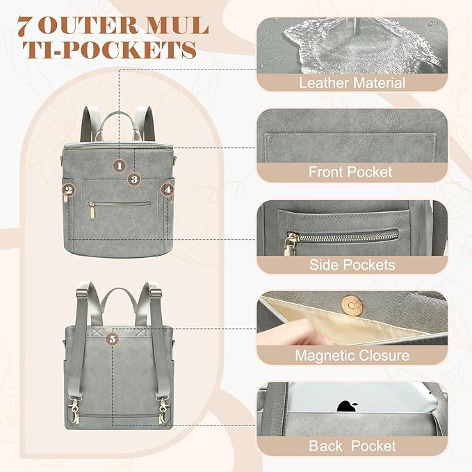 miss fong Diaper Bag Backpack Baby Diaper Bag, Large Leather Diaper Backpack with 16 Pockets Travel Bag with Diaper Changing Pad, Stroller Straps & 2 Insulated Pockets (Convertible,Premium Grey)