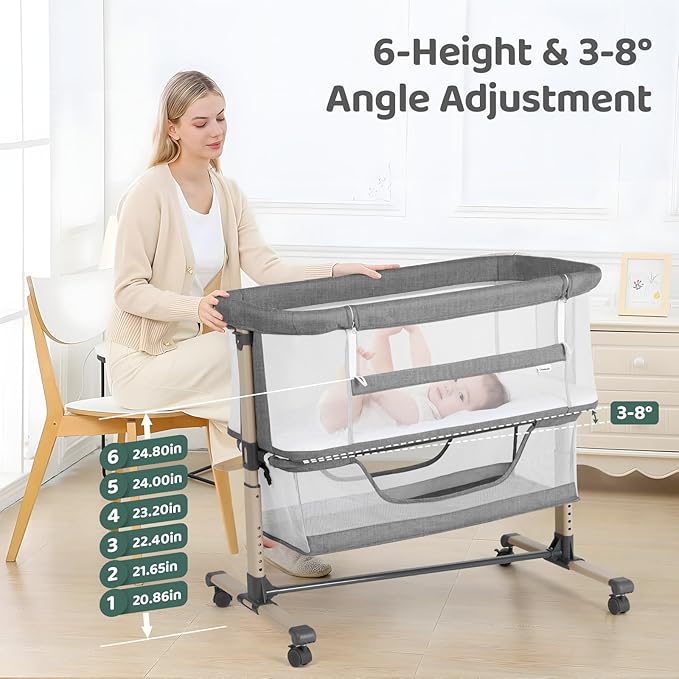 Cowiewie Bassinet Bedside Sleeper, Portable, Breathable, Adjustable Baby Bedside Bassinet for Peaceful Nights, Grey