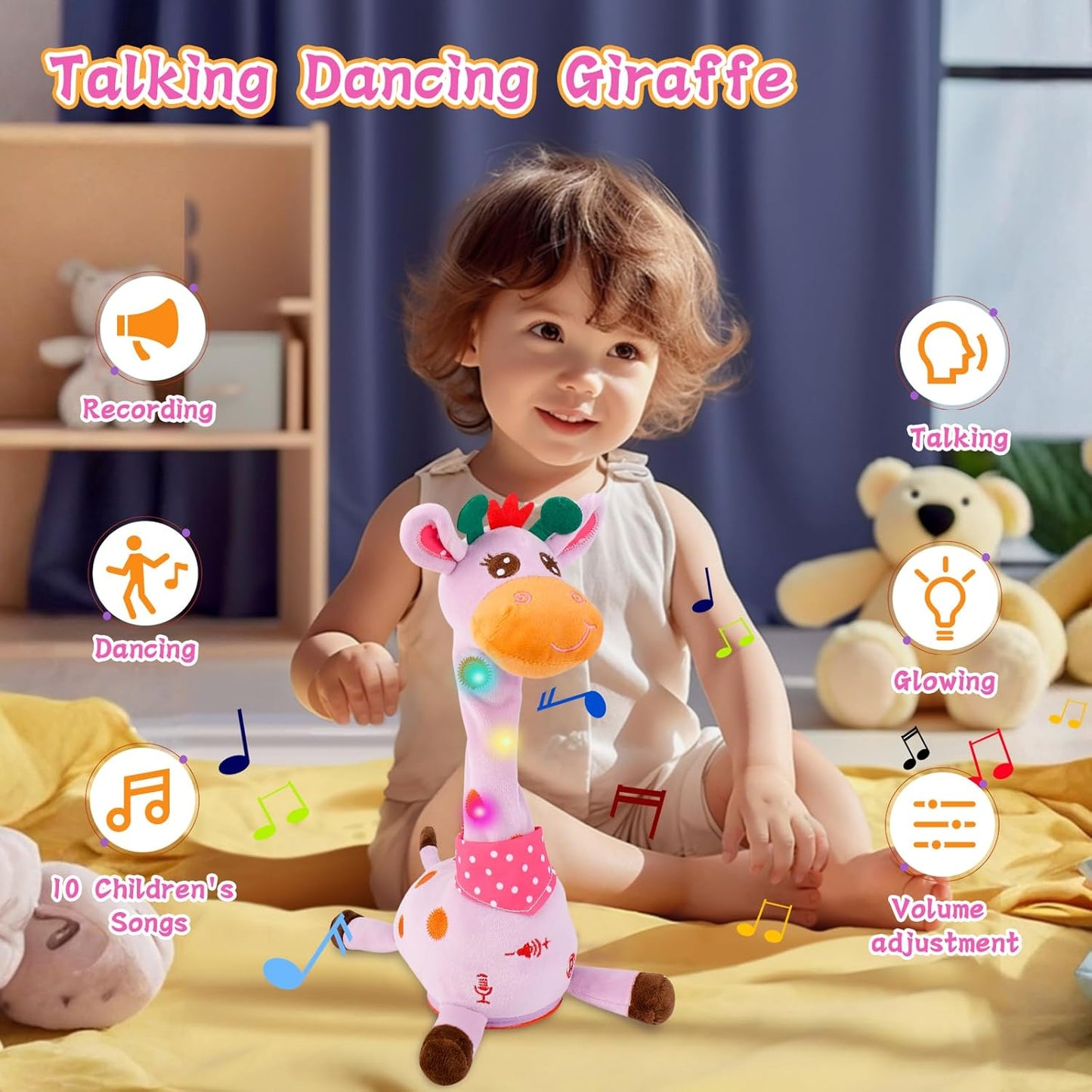 Dancing Giraffe Toy, Stuffed Animal Toy Repeating What You Say, Glowing Musical Electronic Talking Giraffe Gifts
