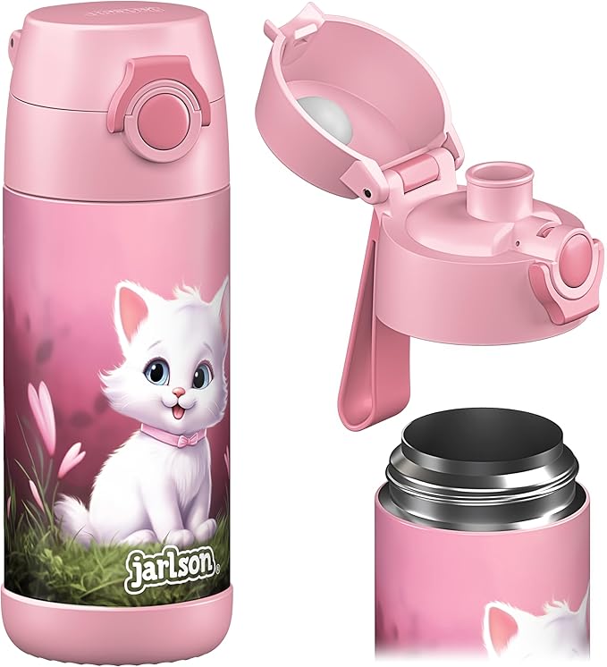 Jarlson® Mali Children's Water Bottle, Thermal Stainless Steel Water Bottle, BPA-Free, Leak-Proof, Children's Bottle with Chug Lid, Bottle for School, Nursery (Cat 2.0, 12 oz)