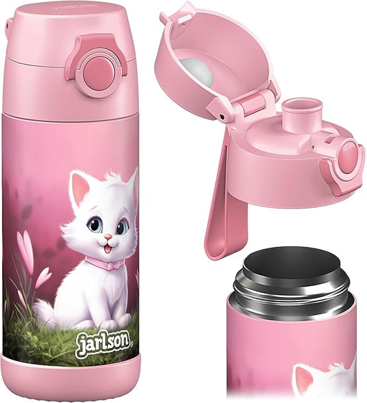 Jarlson® Mali Children's Water Bottle, Thermal Stainless Steel Water Bottle, BPA-Free, Leak-Proof, Children's Bottle with Chug Lid, Bottle for School, Nursery (Cat 2.0, 12 oz)