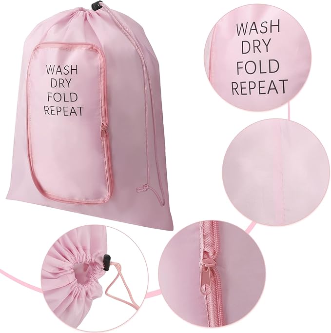 2 Pcs Travel Laundry Bag Washable Dirty Clothes Bag with Drawstring and Zipper for Suitcase, 22 x 18 Inch (Pink,Classic)