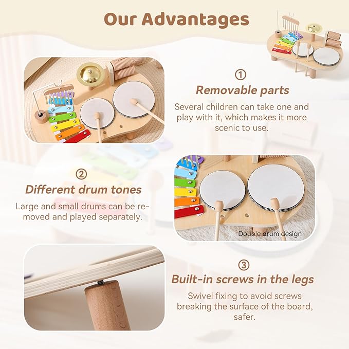 Promise Babe Wooden Drum Set for Toddlers 1-3, Musical Percussion Instruments for Kids Baby Drum Set Xylophone, Montessori Educational Musical Toys, Gifts for Girls Boys Ages 3+
