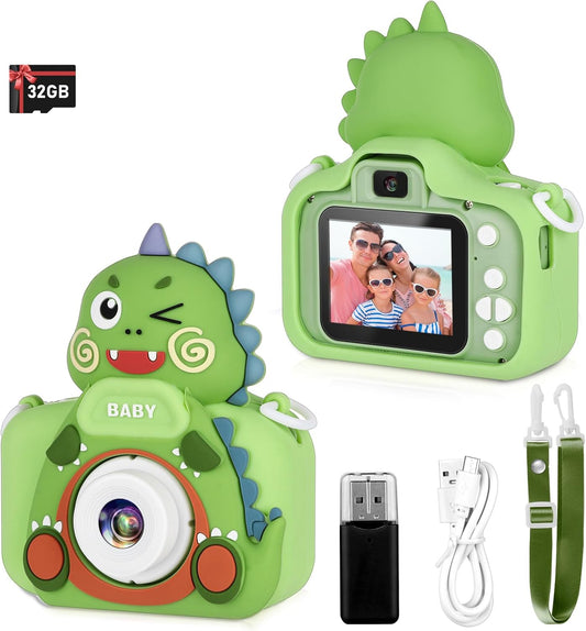 Kids Camera,HD Digital Video Camera,Childrens Toys for 3 4 5 6 7 8 9 Year Old Boys/Girls,Selfie Camera for Kids,Christmas Birthday Gifts with 32GB SD Card (Dinosaur Green)