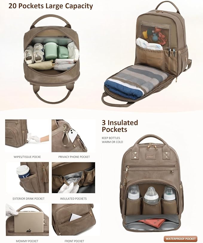 Premium Vegan Leather Diaper Bag Backpack with Waterproof Changing Pad, Reinforced Zippers & Odor-Free, 20 Pockets Pro Organizer, Fits 15.6" Laptop, Stroller Straps, Baby Bag for Mom, Taupe