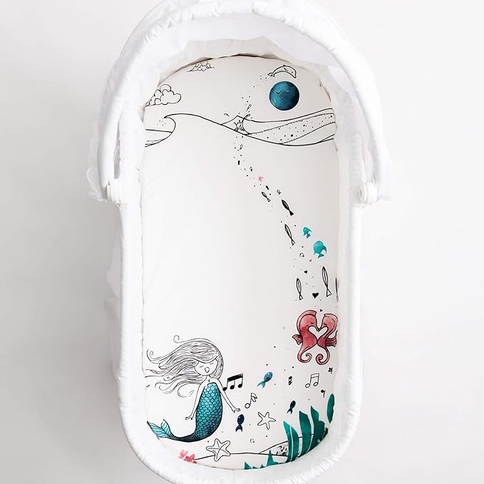 JumpOff Jo - Fitted Bassinet Sheet, Soft Cotton Flexible Fit Sheet for Oval, Rectangle, and Hourglass Standard Sized Mattresses, 16 in. x 32 in. - Moonlight Mermaid