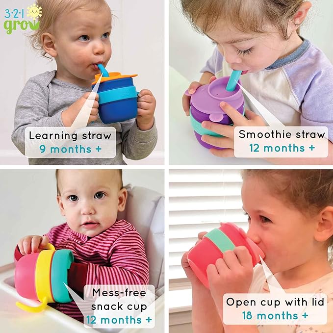 Easy Learn Drink and Snack Set – Baby + Toddler Silicone Learning Cup & Snack Set, Training Cup for Straw and Open Cup Independence – Dishwasher Safe (Midnight)