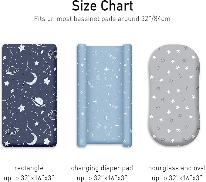 Baby Bassinet Sheets 3 Pack, Fitted Cradle Sheets for Boys & Girls, Ultra Soft Breathable 32" x 16", Universal Fit for Rectangle Round Oval Hourglass Mattress (Blue Gray Planet)