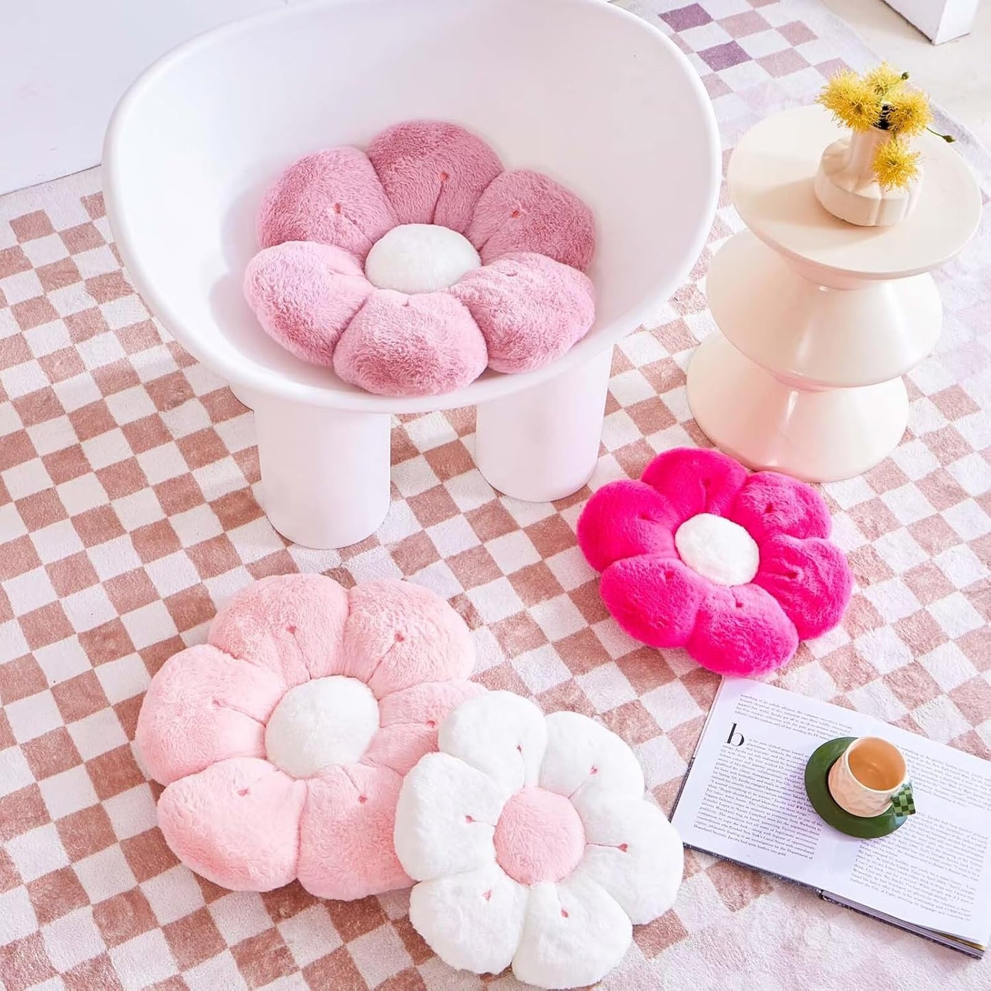 Flower Pillow, Cute Flower Shaped Decorative Pillow, Soft Rabbit Fur Daisy Pillow Home Decor Floor Seating Cushion for Bedroom Living Room (Hot Pink 14.9 Inch)